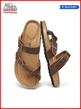Women's Cork Footbed Slide Sandals Adjustable Buckle Split Toe Casual